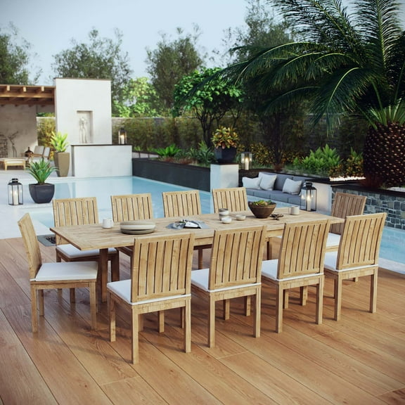 Modway Marina 11 Piece Outdoor Patio Teak Dining Set in Natural White