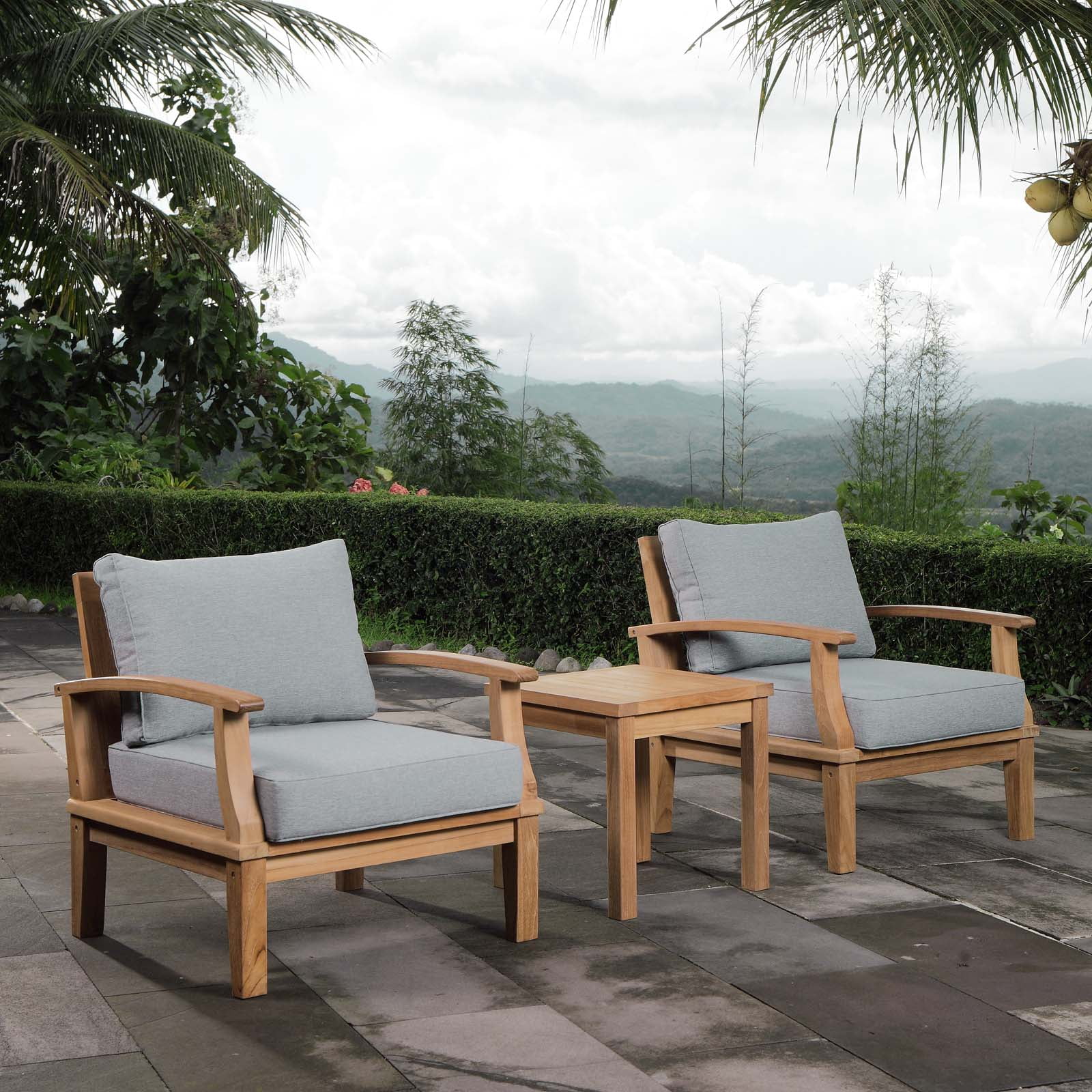 Natural Gray Teak Wood Outdoor Patio Set with Gray Cushions