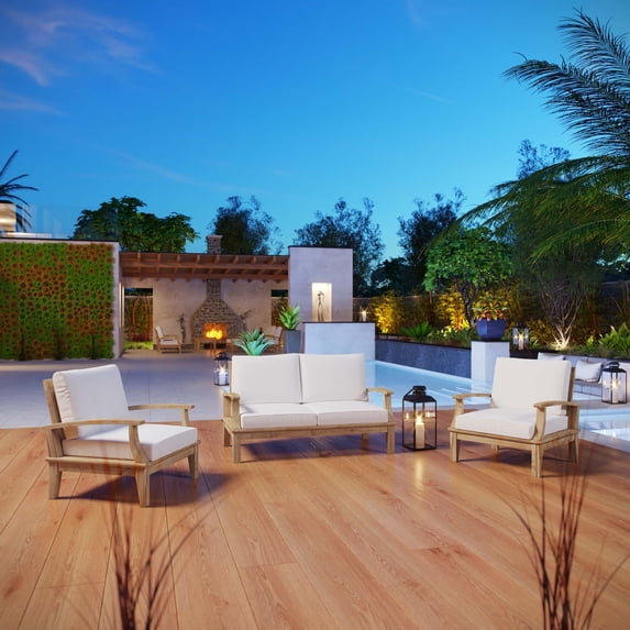 Modway Marina 3 Piece Outdoor Patio Teak Set in Natural White