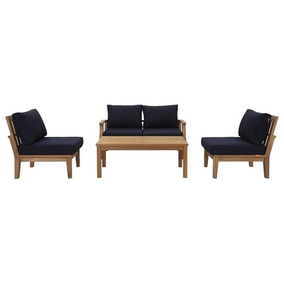 Modway Marina 5-Piece Solid Teak Wood Patio Sofa Set in Natural/Navy