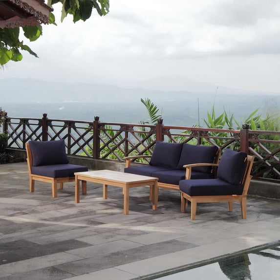 Modway Marina 5-Piece Solid Teak Wood Patio Sofa Set in Natural/Navy