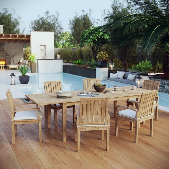 Modway Marina 7-Piece Teak Wood Patio Dining Set in White & Natural