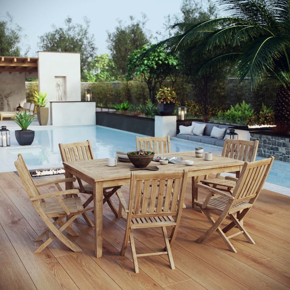Modway Marina 7-Piece Teak Wood Patio Dining Set with Arm Chair in Natural