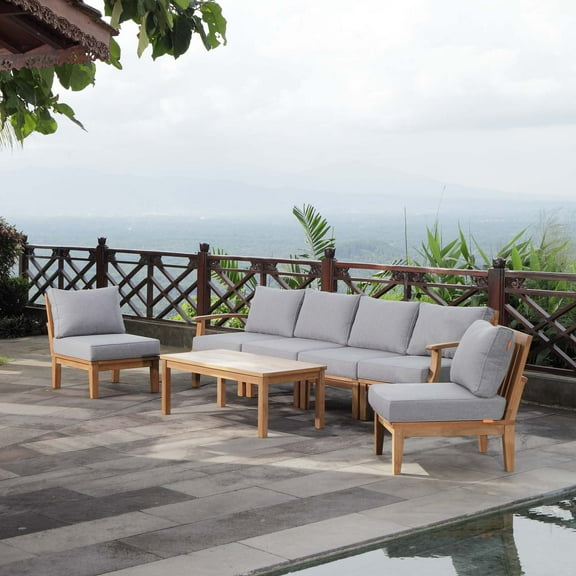 Modway Marina 7 Piece Outdoor Patio Teak Set in Natural Gray