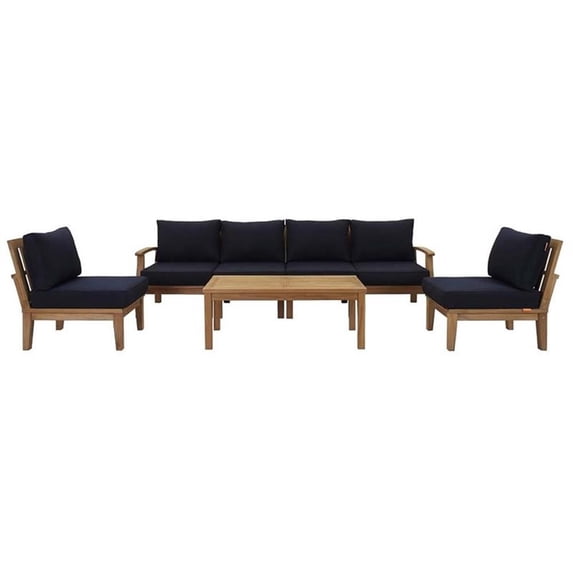 Modway Marina 7-Piece Solid Teak Wood Patio Sofa Set in Natural/Navy