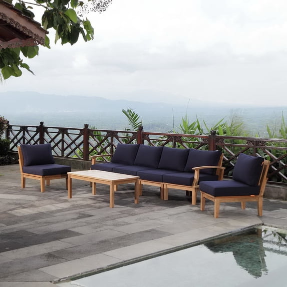 Modway Marina 7-Piece Solid Teak Wood Patio Sofa Set in Natural/Navy