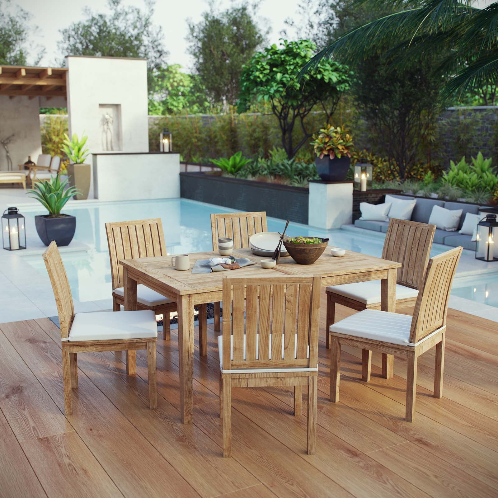 Modway Marina 7 Piece Outdoor Patio Teak Outdoor Dining Set in Natural ...