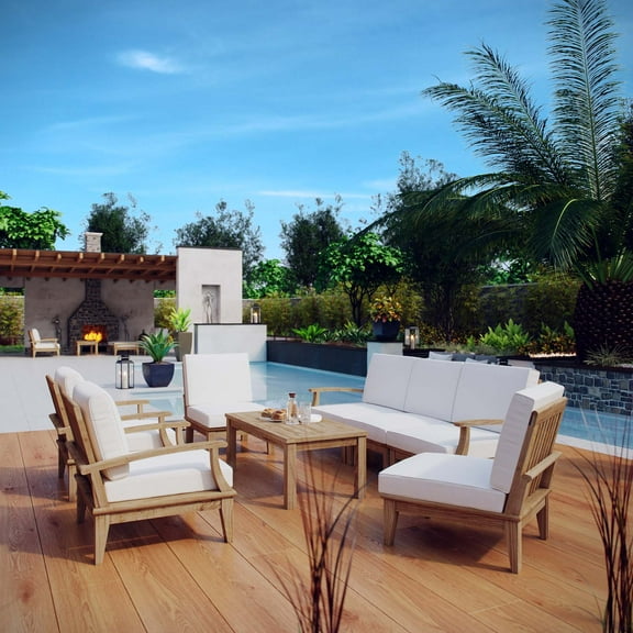 Modway Marina 8 Piece Outdoor Patio Teak Set in Natural White