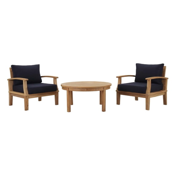 Modway Marina Modern Wood 3-Piece Teak Conversation Set in Natural/Navy