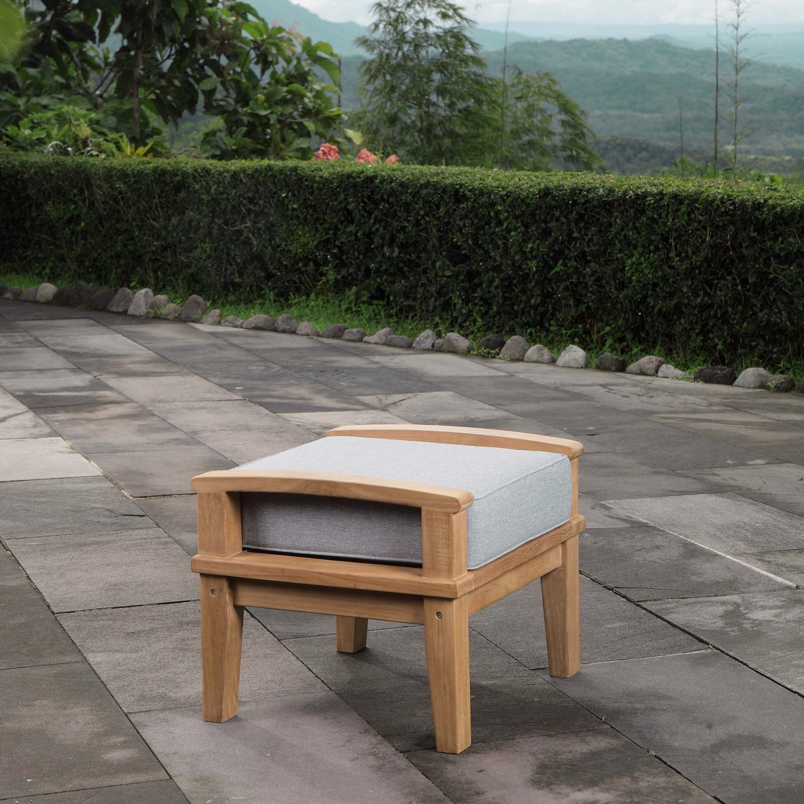 Natural Gray Teak Wood Outdoor Patio Ottoman with Cushion