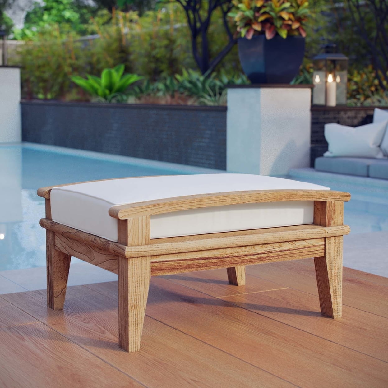 Natural Teak Wood Outdoor Patio Ottoman with White Cushion