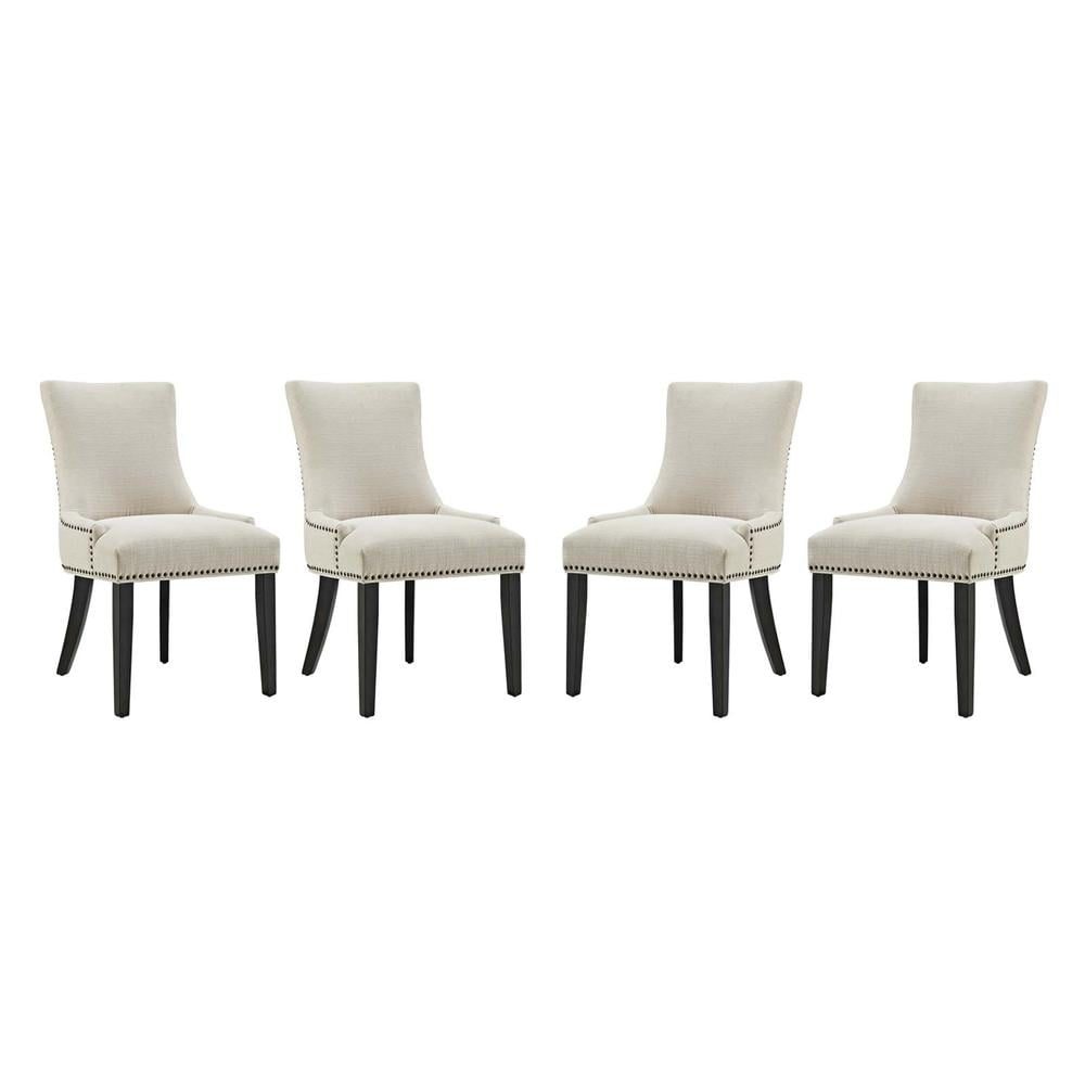 Beige Upholstered Wood Dining Side Chair with Nailhead Trim