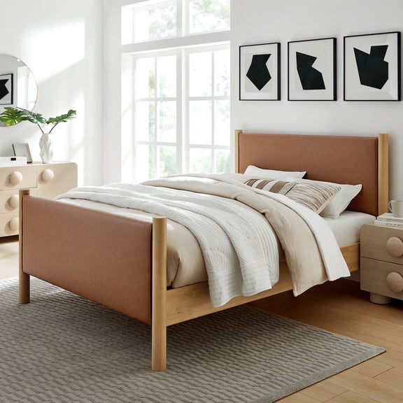 Modway Maven Full Size Vegan Leather Upholstered Platform Bed in Tan Oak