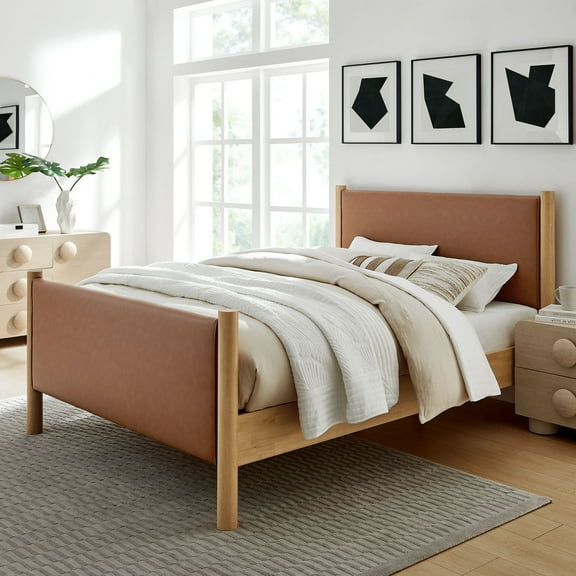 Modway Maven King Size Vegan Leather Upholstered Platform Bed in Tan Oak