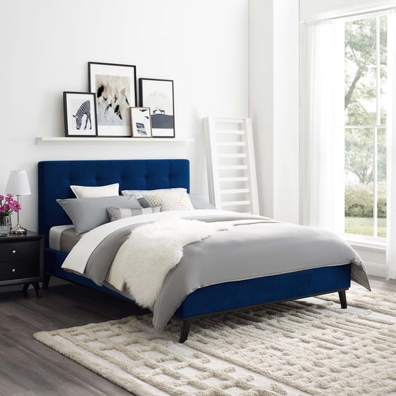 Modway McKenzie Queen Biscuit Tufted Performance Velvet Platform Bed in Navy