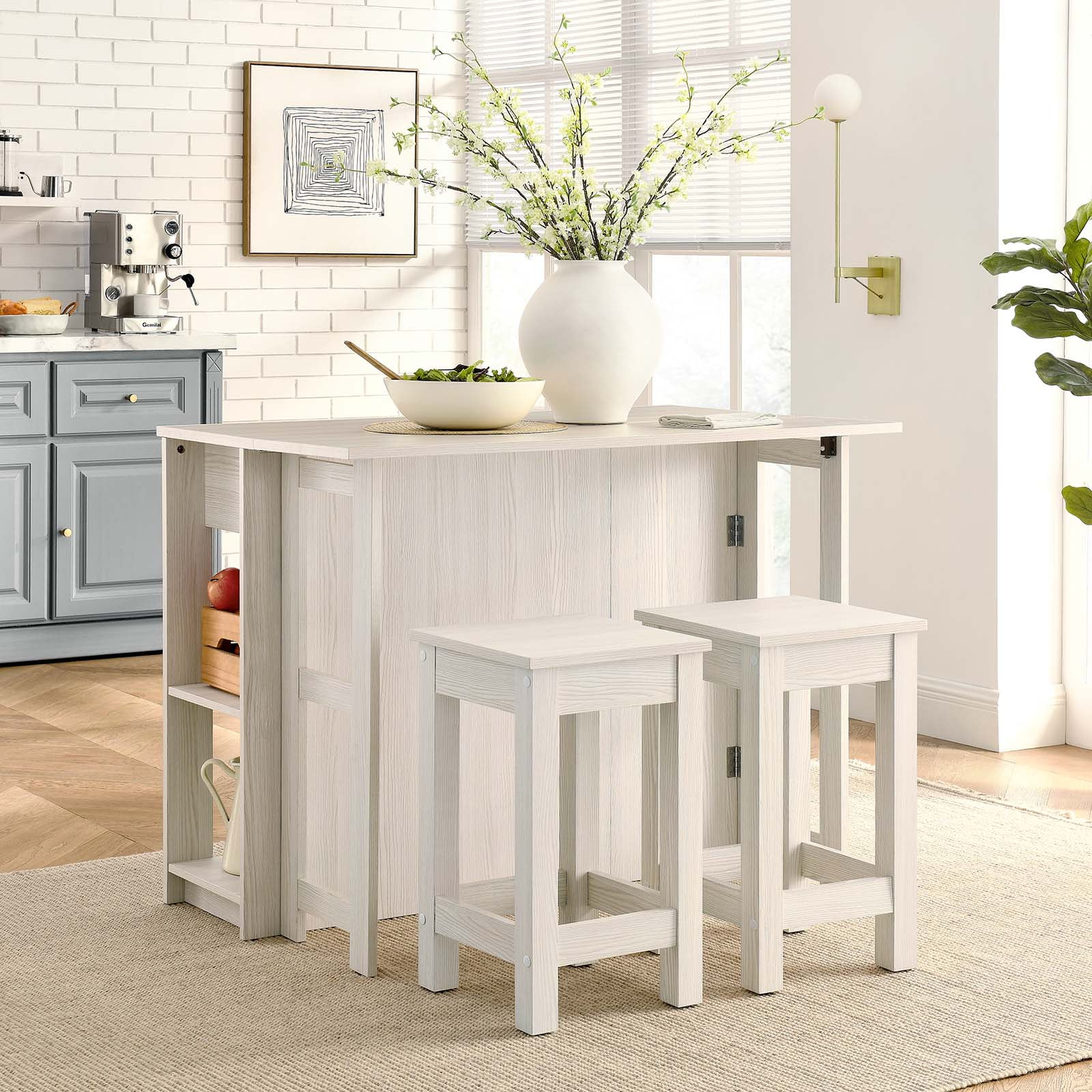 Meadowbrook White 3-Piece Kitchen Island Set with Stools