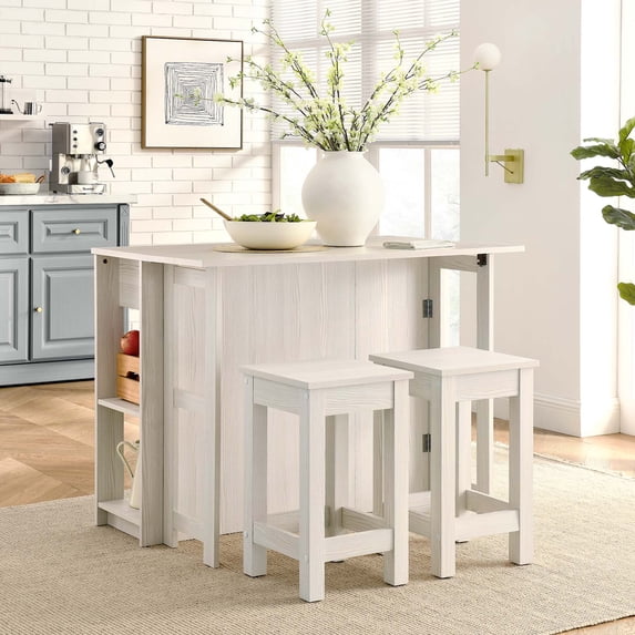 Meadowbrook3-Piece Kitchen Island and Stool Set in White Maple