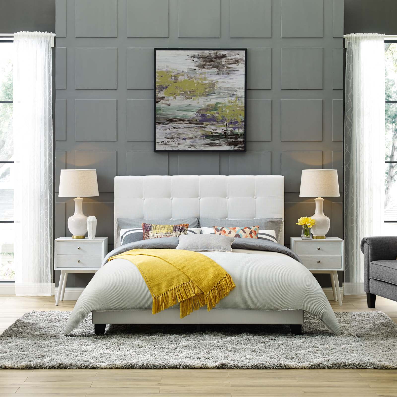 White Queen Tufted Upholstered Faux Leather Platform Bed