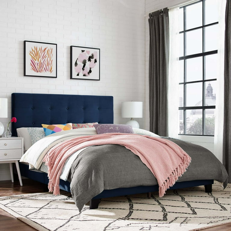 Modway Melanie Queen Tufted Button Upholstered Performance Velvet Platform Bed in Midnight Blue