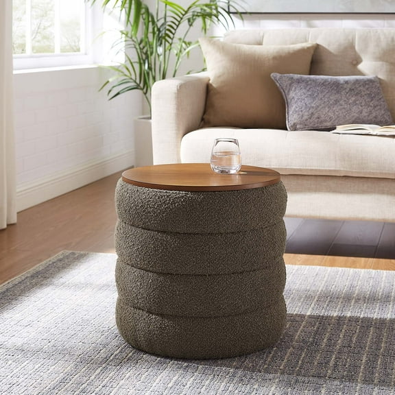Mezzo Round Boucle Fabric Storage Ottoman in Pebble