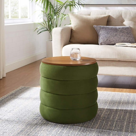 Modway Mezzo Round Performance Velvet Storage Ottoman in Moss Green