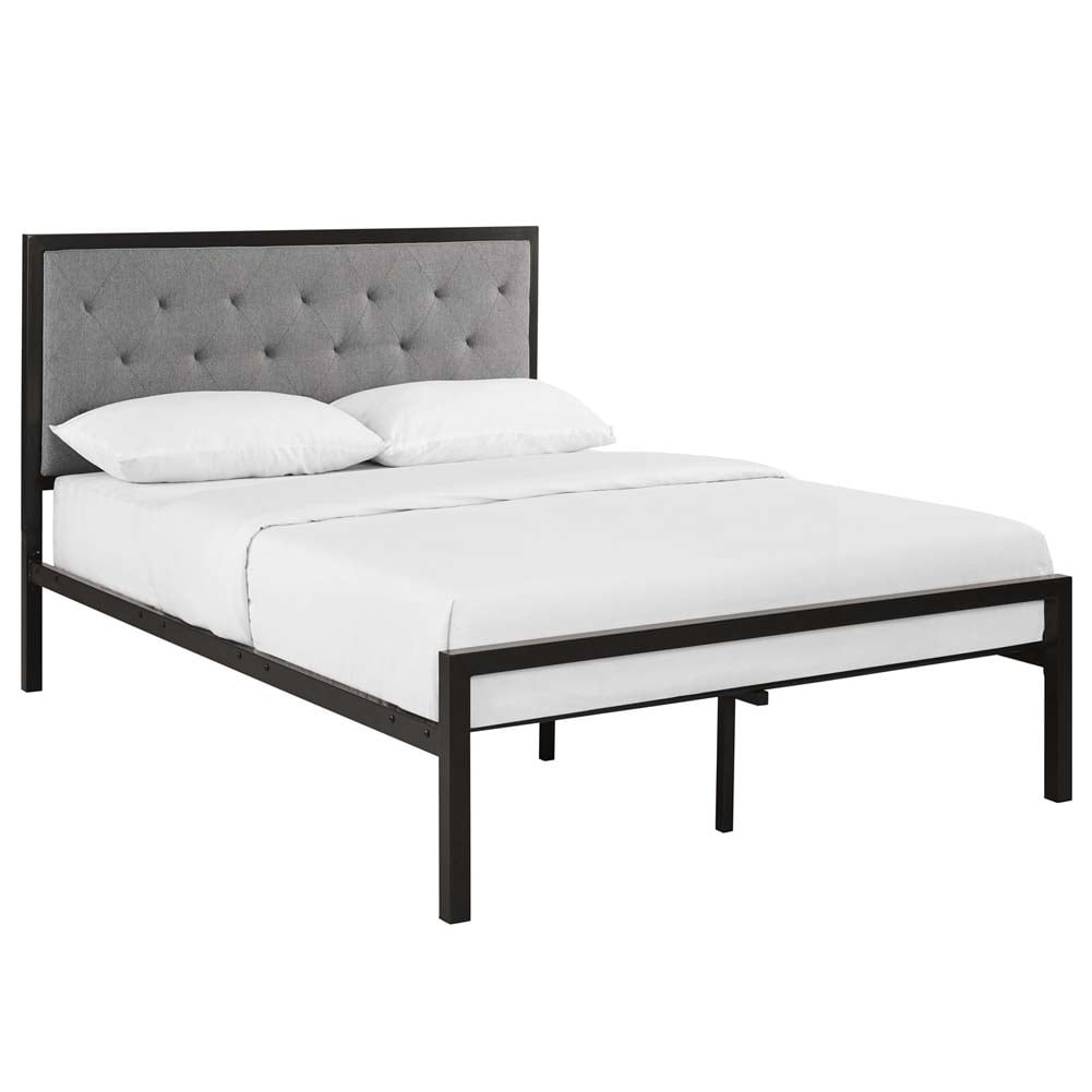 Mia Full Gray Upholstered Metal Frame Bed with Tufted Headboard