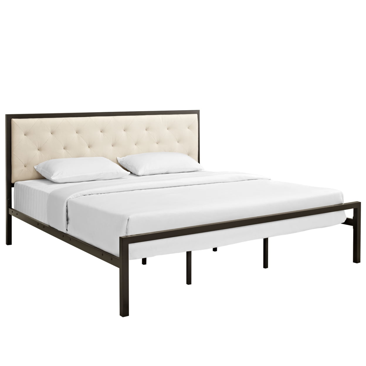 Beige Tufted Upholstered King Bed with Metal Frame