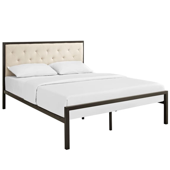 Modway Mia Tufted Fabric Platform Queen Bed in Brown/Beige