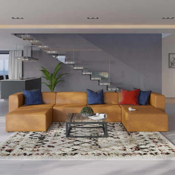 Modway Mingle Modern Faux Leather Sofa Set with 2 Ottomans in Tan