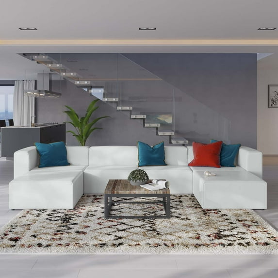 Modway Mingle Vegan Leather 4-Piece Sofa and 2 Ottomans Set in White