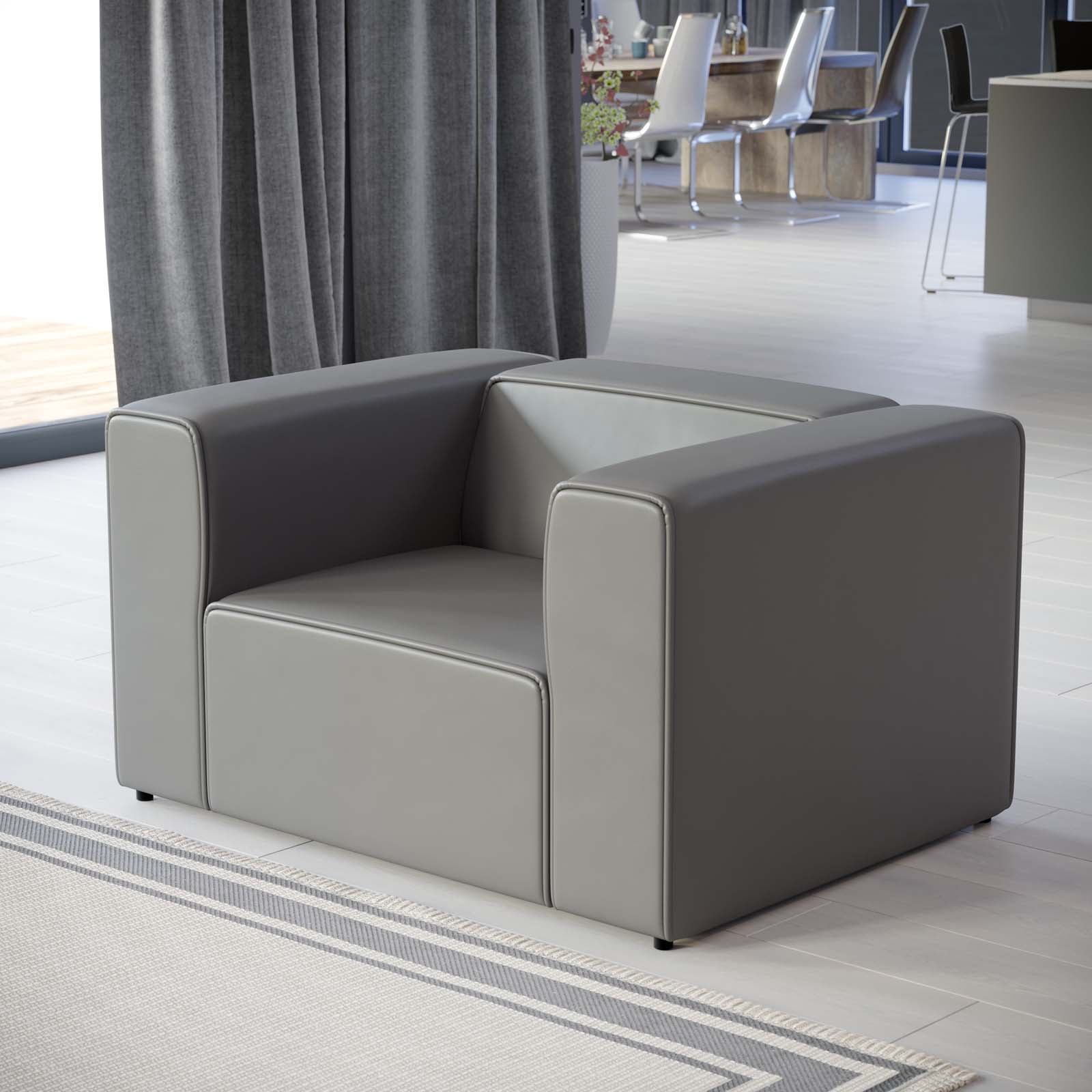 Gray Faux Leather Modern Armchair with Piping