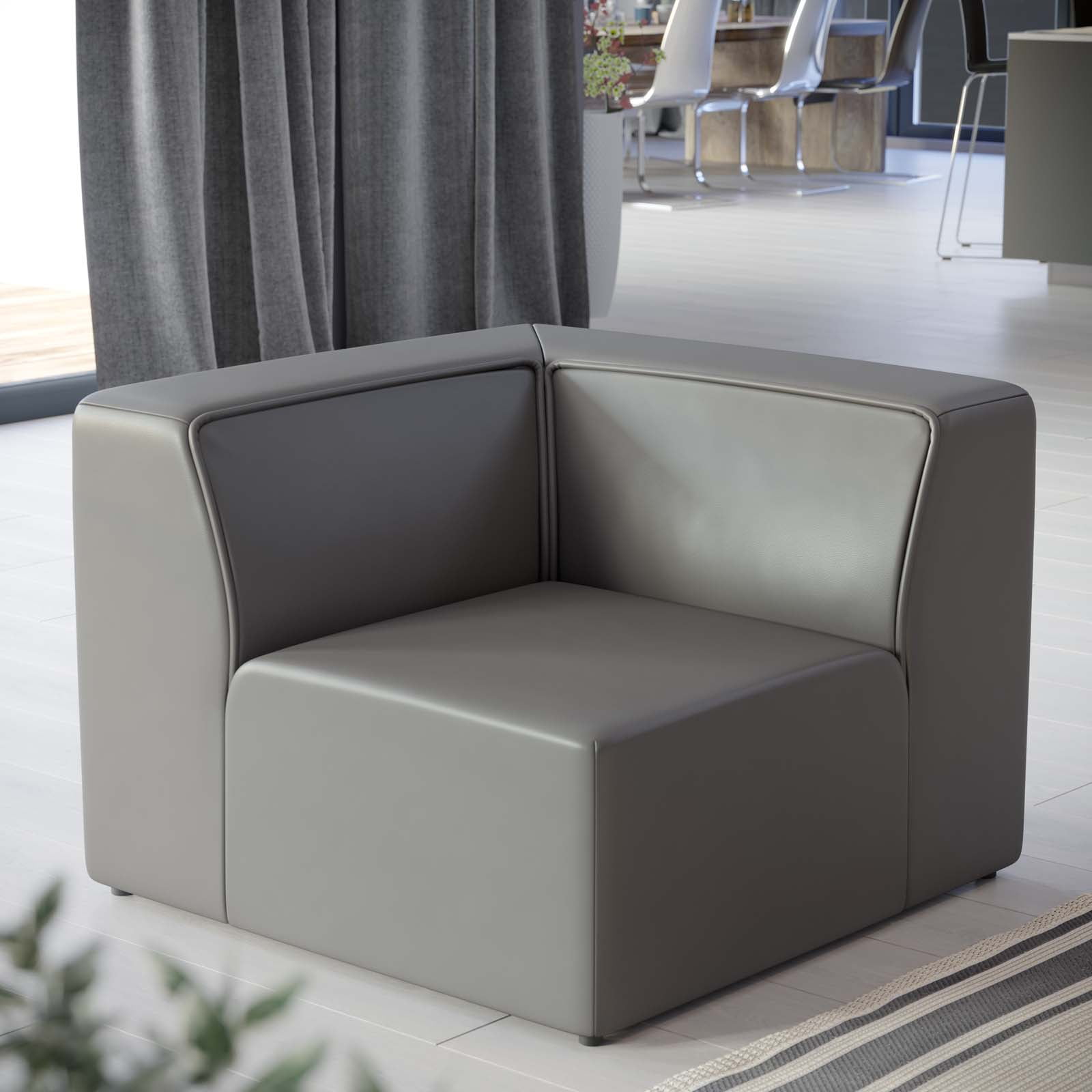 Expansive Gray Vegan Leather 37" Corner Chair with Elegant Piping
