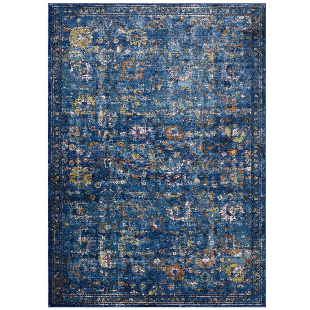 Elegant Distressed Floral Lattice 4' x 6' Dark Blue Area Rug