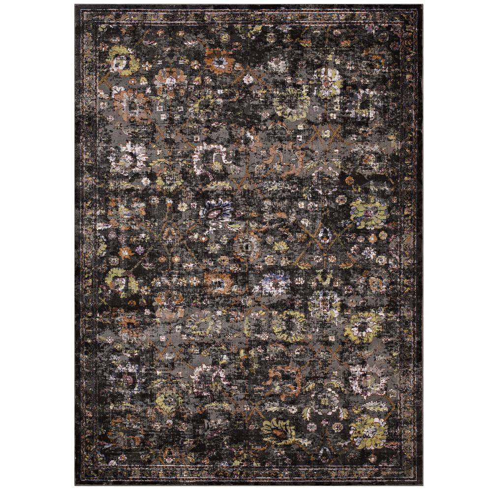 Minu Distressed Floral Lattice 4' x 6' Black and Orange Area Rug