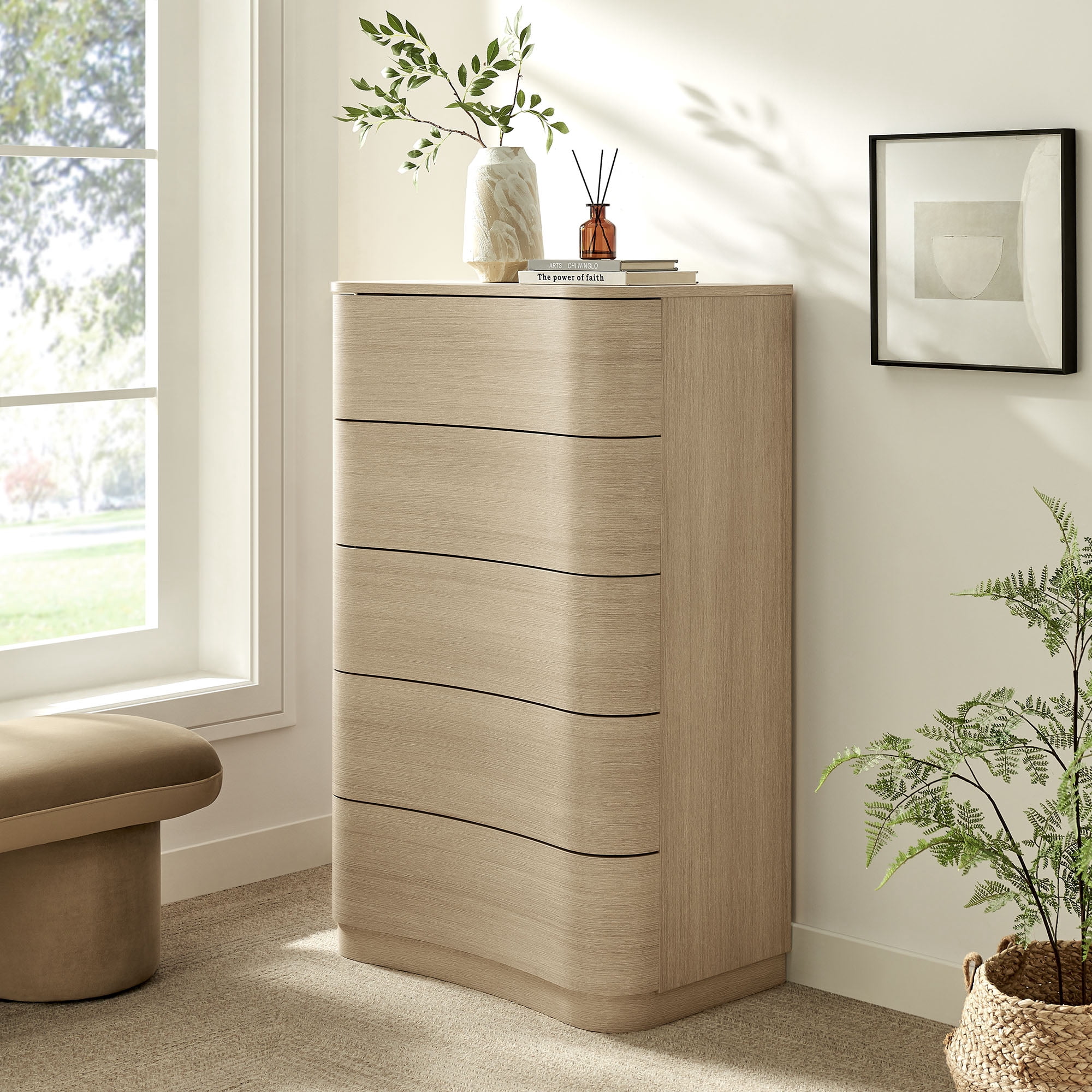 beige 5 drawer dresser 18 inch wide Mirae 5-Drawer Curved Chest of Drawers in Brush Light Oak bogo_free Plus Size - Textured Color:BEAUTY BOUQUET BLUE the dresser is given