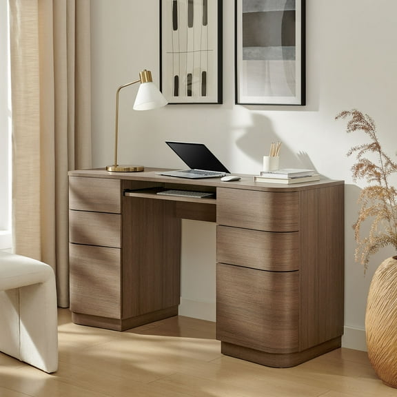 Modway Mirae 55" 6-Drawer Curved Office Desk in Brushed Brown Oak by Modway