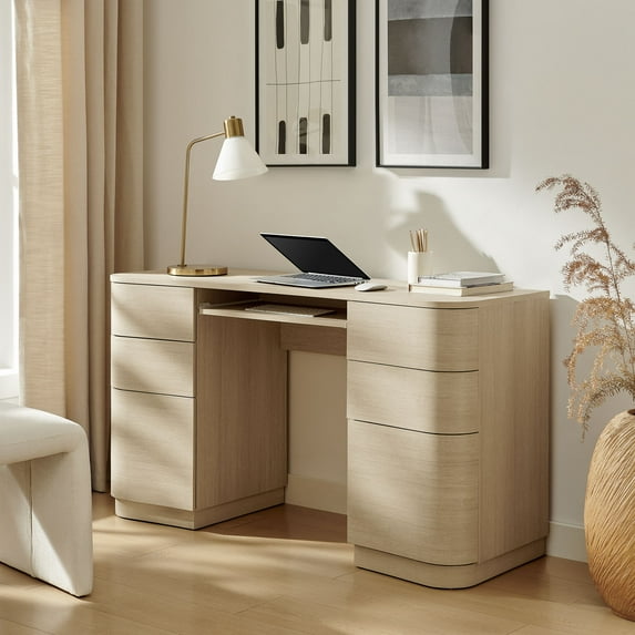 Mirae 55" 6-Drawer Curved Office Desk in Brushed Light Oak