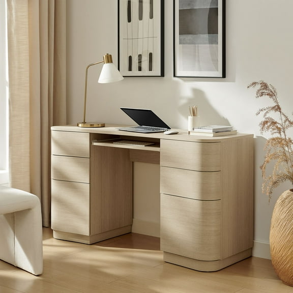Mirae 55" 6-Drawer Curved Office Desk in Brushed Light Oak