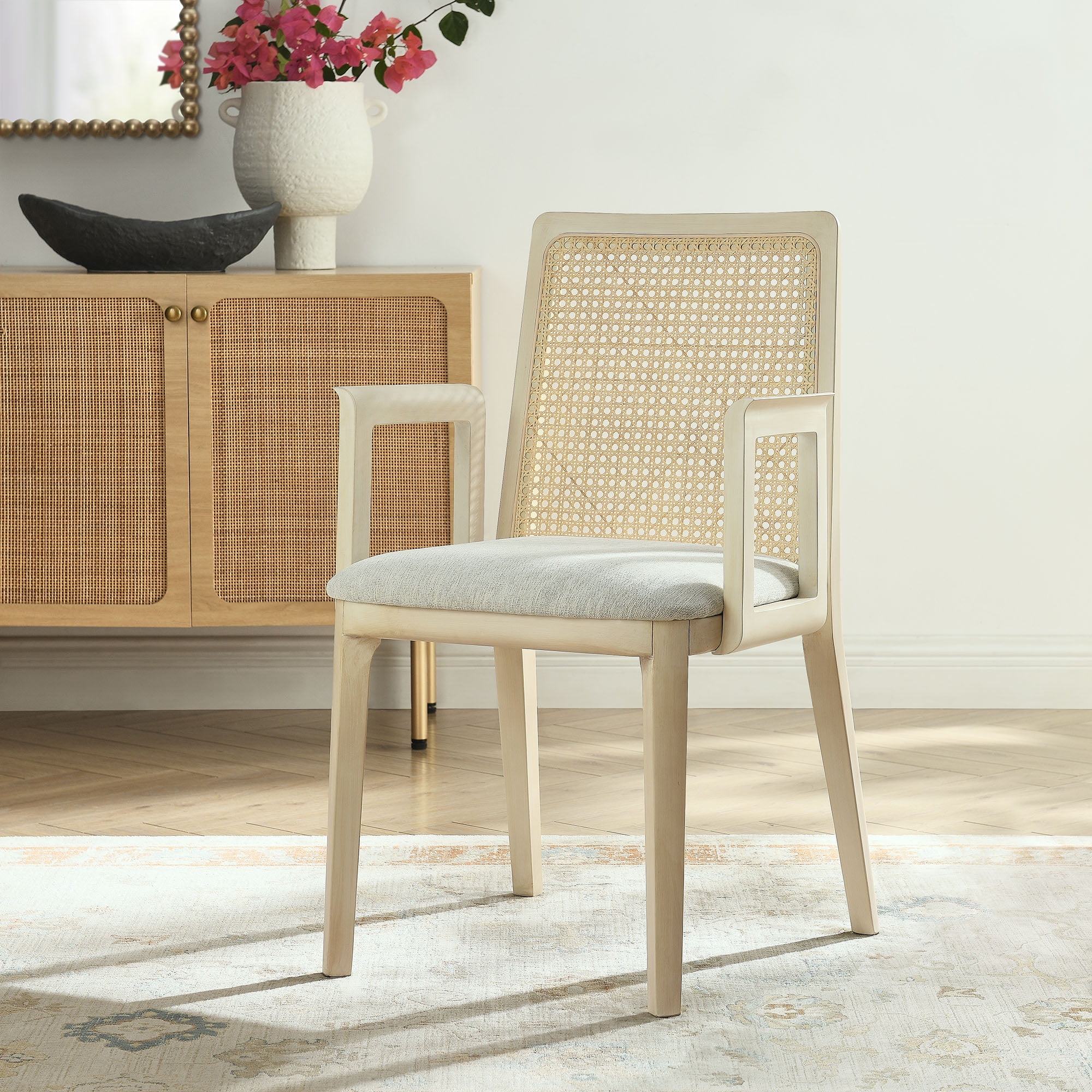 Antique White Rattan and Cane Arm Chair with Padded Seat