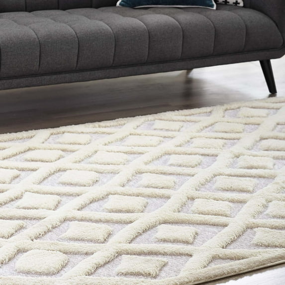 Modway Morsel Abstract Diamond Lattice 8x10 Shag Area Rug in Ivory and Light Gray