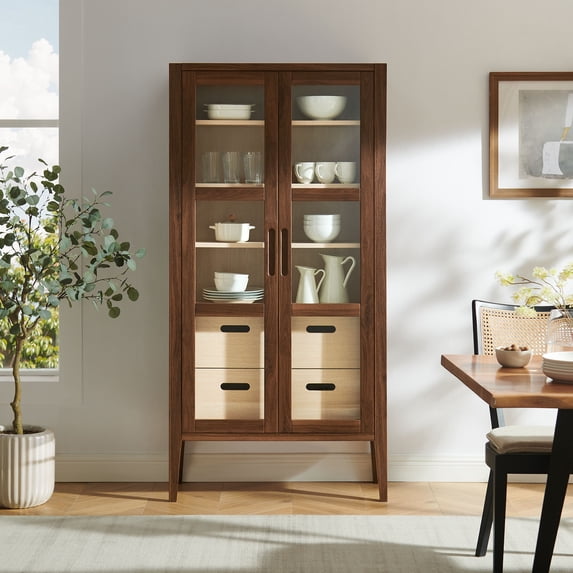 Modway Nell 71" Glass Door Tall Display Storage Cabinet in Walnut