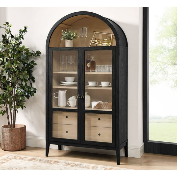 Modway Nolan 74" Tall Arched Storage Display Cabinet in Black Oak