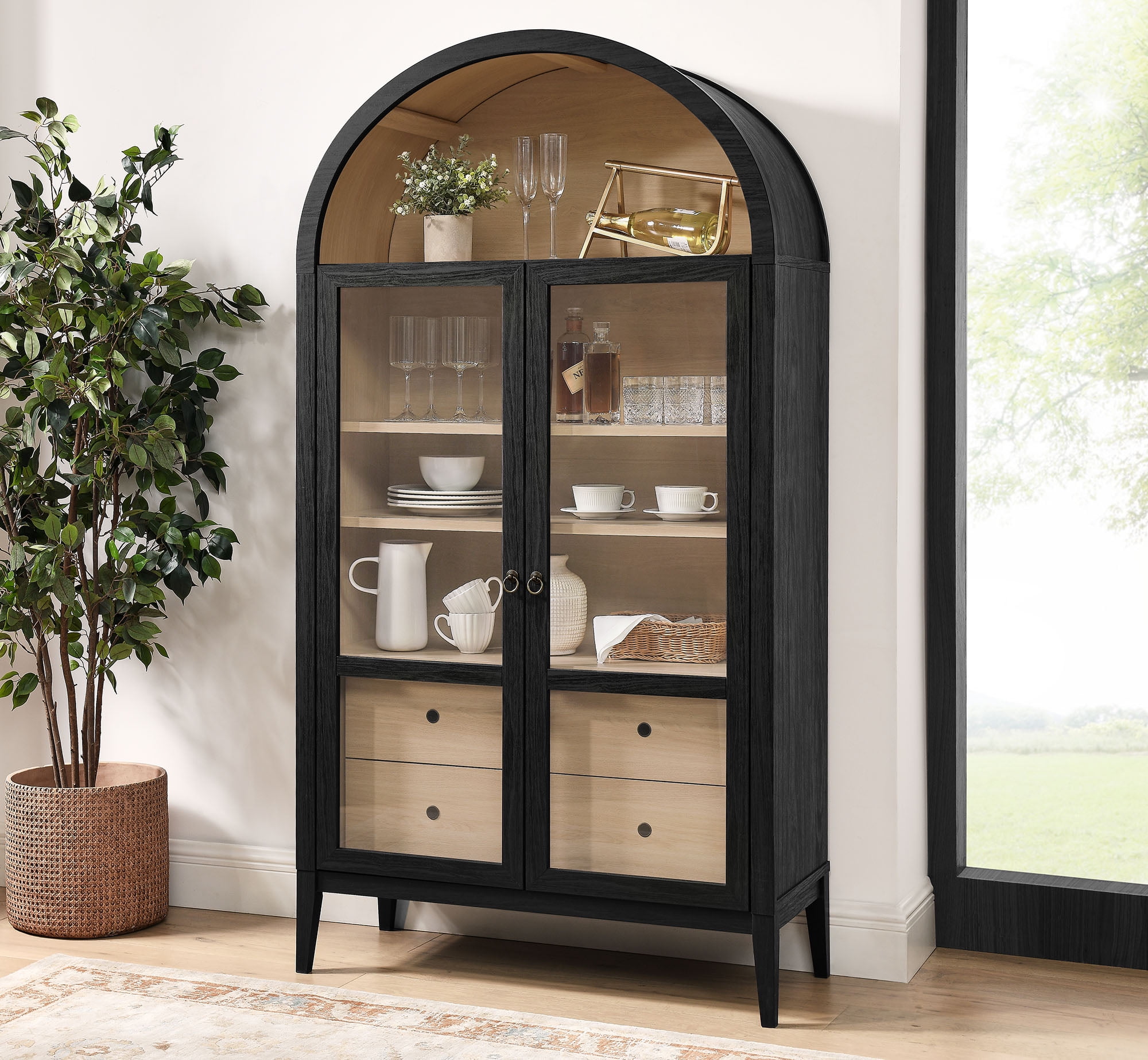 Modway Nolan 74" Tall Arched Storage Display Cabinet in Black Oak