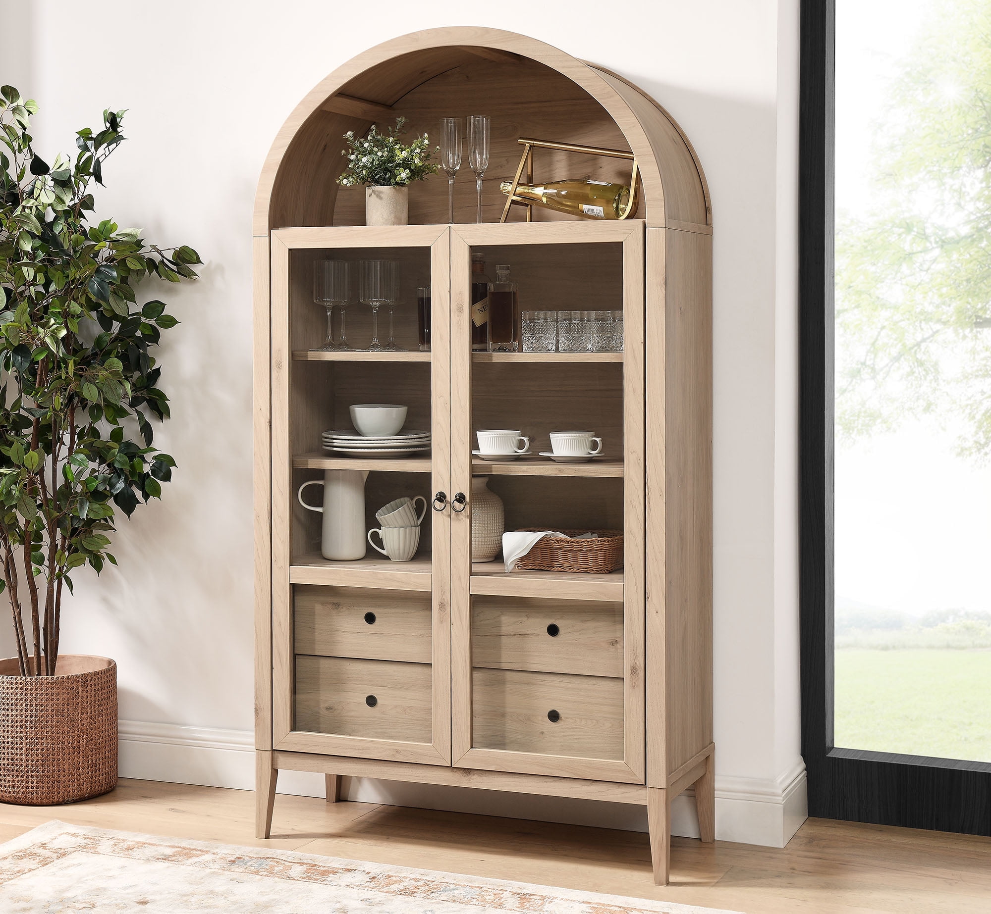 Nolan Light Oak Tall Arched Storage Display Cabinet with Glass Doors