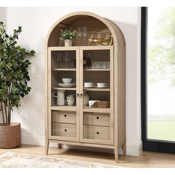 Modway Nolan 74" Tall Arched Storage Display Cabinet in Light Oak