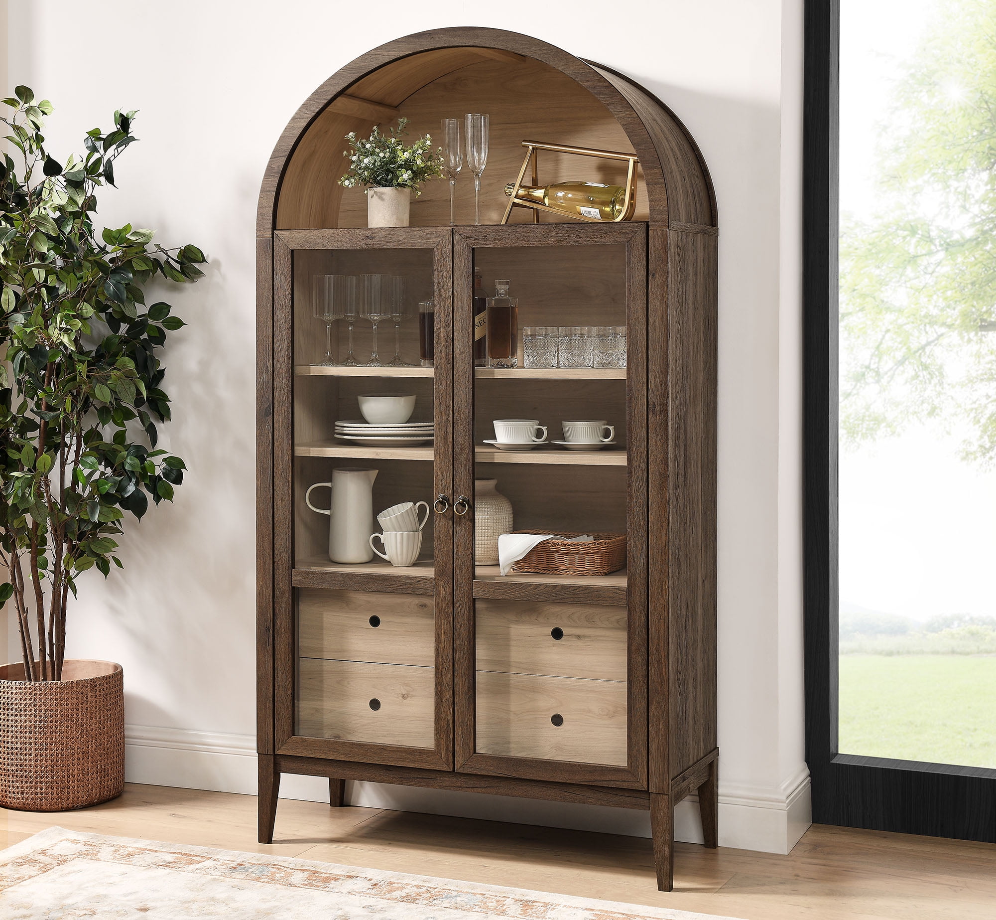 Nolan 74" Walnut Light Oak Arched Storage Display Cabinet with Glass Doors