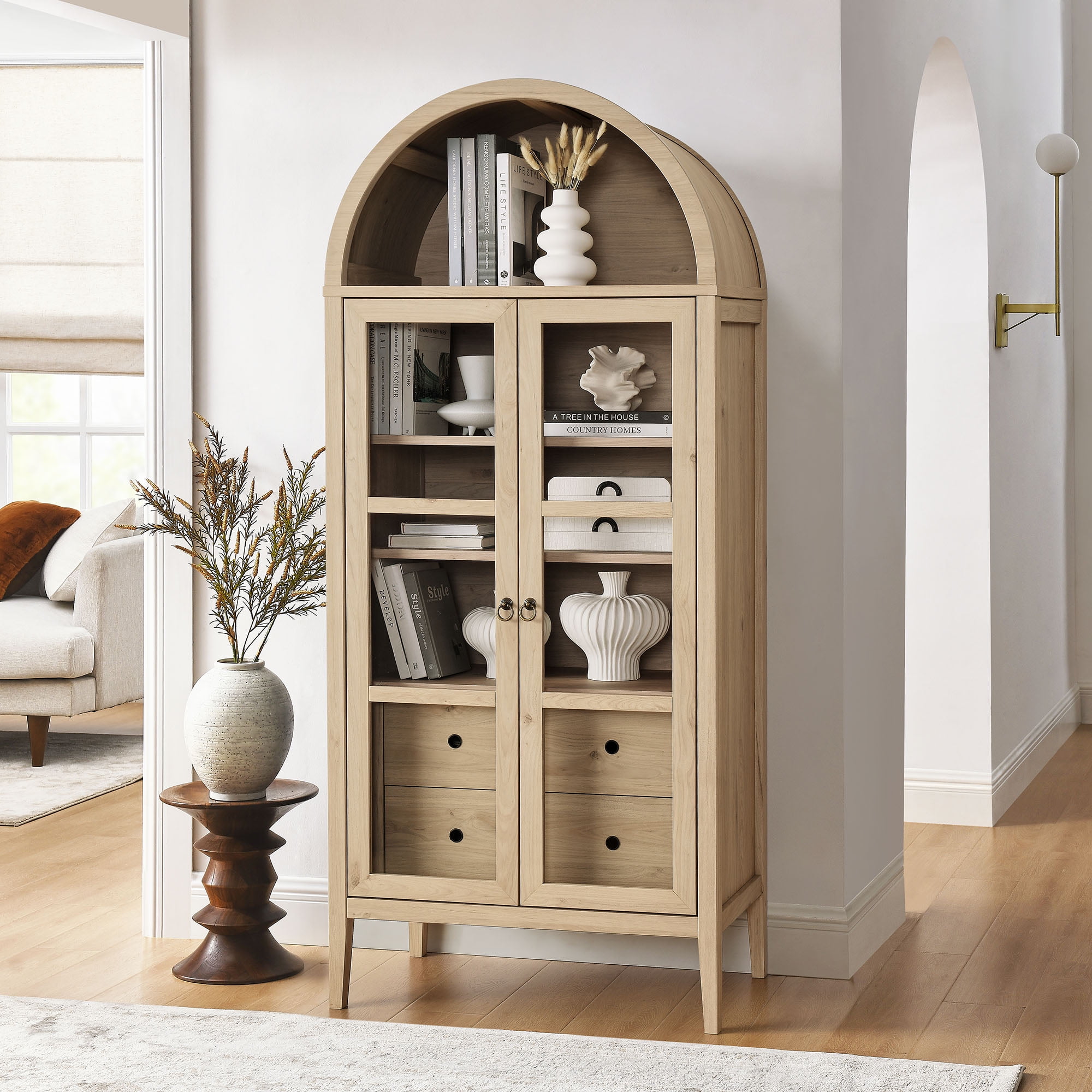Modway Nolan Tall Arched Storage Display Cabinet in Light Oak