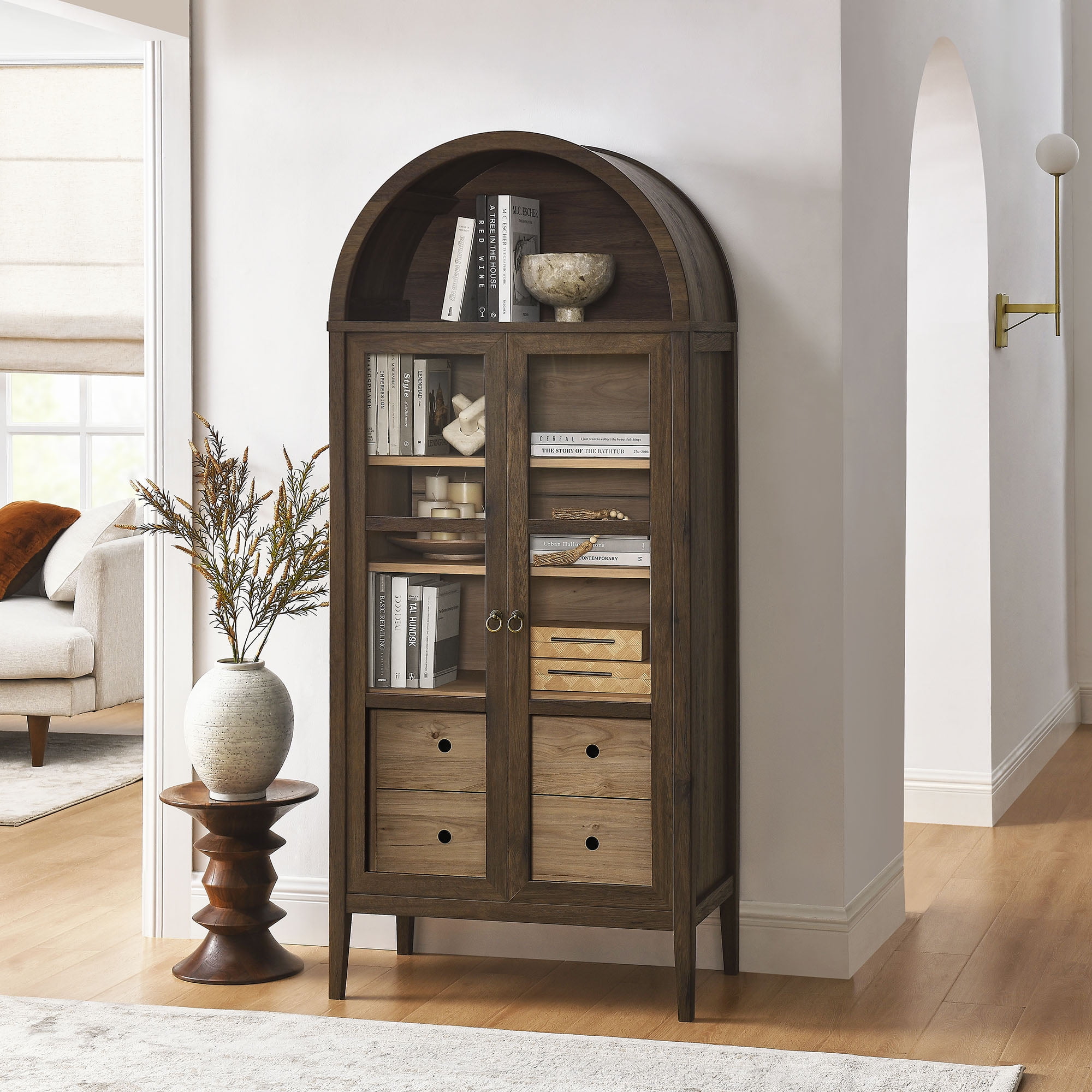 Nolan Walnut Hickory Arched Storage Display Cabinet with Glass Doors