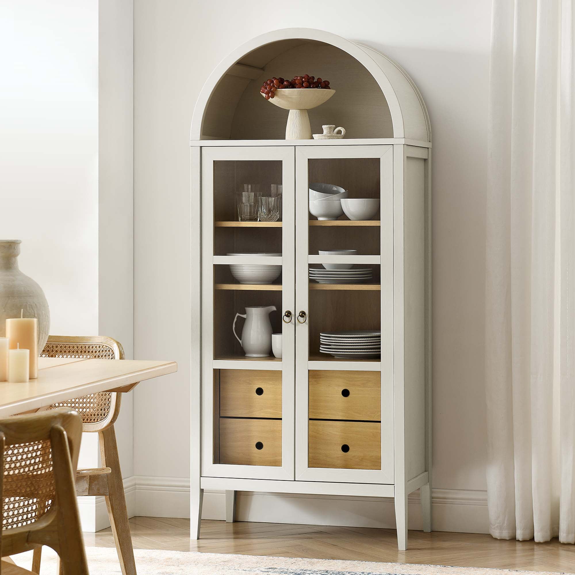 Nolan Tall White Oak Arched China Cabinet with Glass Doors