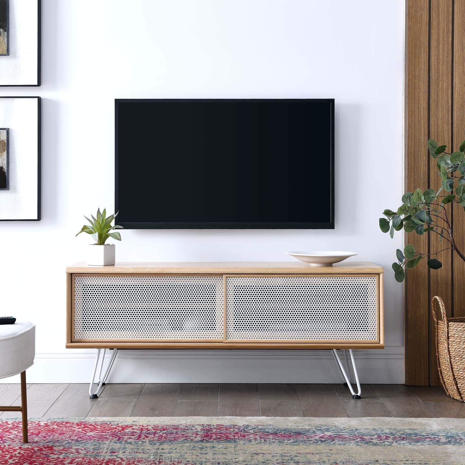 Nomad Oak Wood Grain Laminate TV Stand with White Mesh Doors
